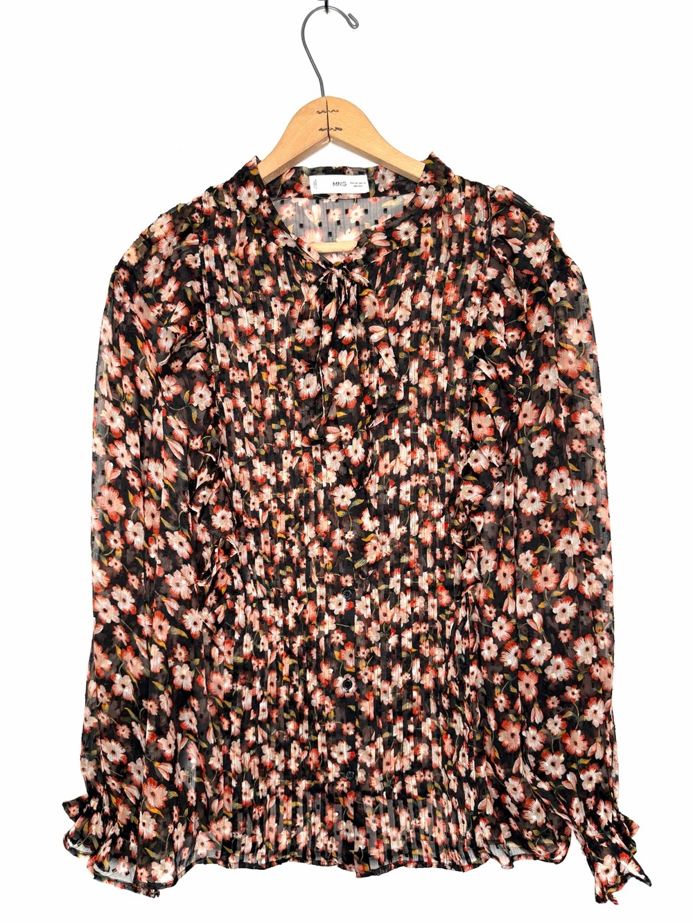 Mango Semi Sheer Floral Print Button Down Blouse Tie Neck Ruffles Size 18